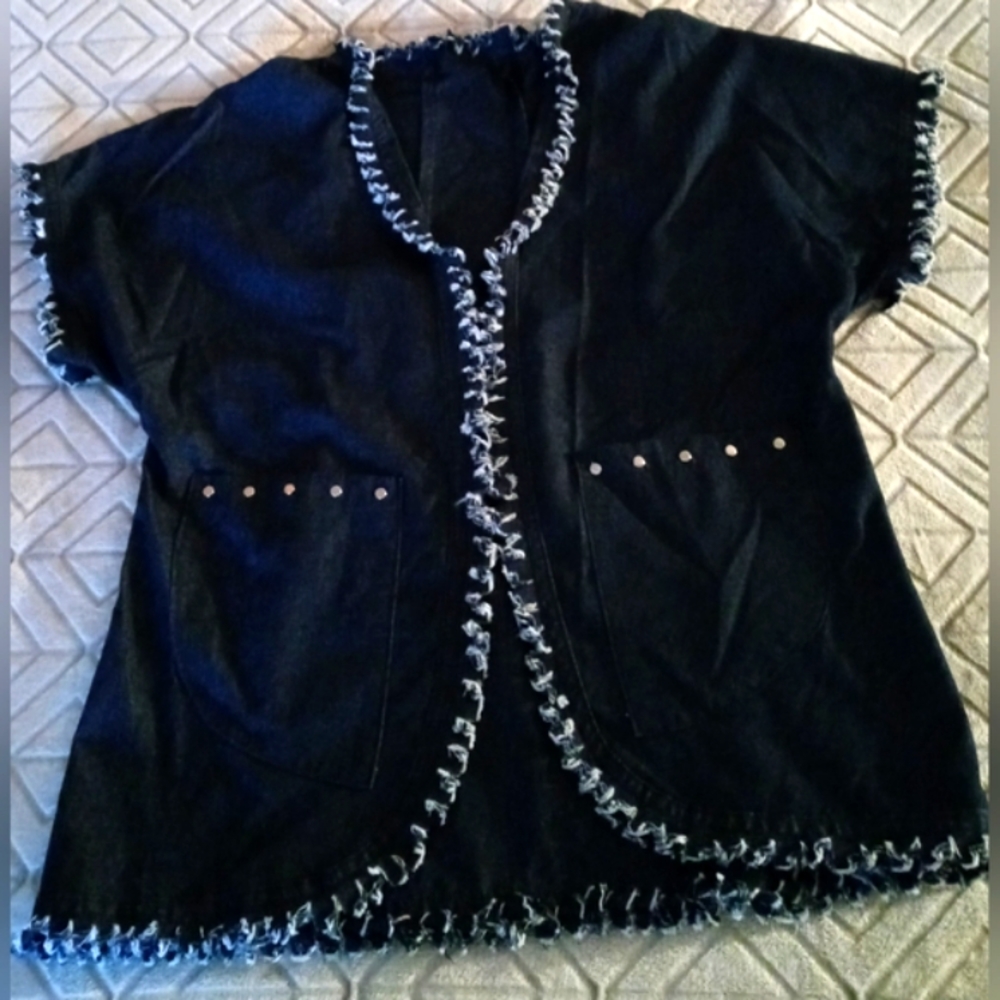 Hand Crafted Blue Denim Jean Jacket with Frayed Hem and Trim